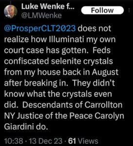 screenshot of a luke wenke x/twitter post complaining about fake home break-in december 2023