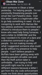 screenshot of an april 2023 luke wenke facebook post about his letter writing and carl paladino obsessions