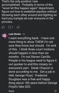 screenshot of an august 2023 luke wenke facebook post vowing to stop making public social media posts