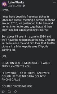 screenshot of a luke wenke facebook post obsessing over benjamin ryan teeter and taunting stalking victim katie august 2023