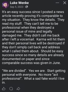 screenshot of a september 2023 Luke Wenke facebook post threatening to destroy his stalking victims' lives