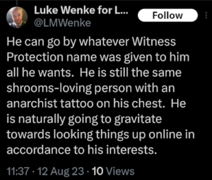 screenshot of an august 2023 luke wenke x/twitter post falsely accusing stalking victim ryan teeter of being in witsec