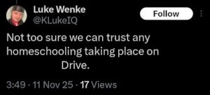 screenshot of a november 2025 luke wenke x/twitter post about romantic obsession ryan teeter