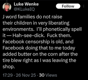 screenshot of an antisemitic luke wenke x/twitter post criticizing conservative Jewish family values