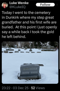screenshot of luke wenke admitting to stealing gold from his grandpa december 2025