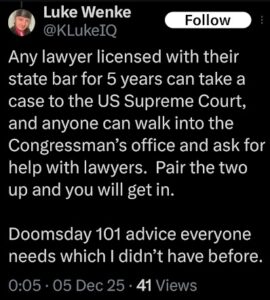 screenshot of a 2025 luke wenke x/twitter screenshot bragging about his legal knowledge