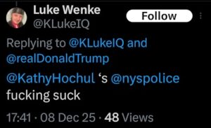 screenshot of a 2025 luke wenke x/twitter post to governor kathy hochul saying cops suck 