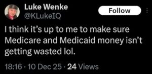 screenshot of an x/twitter post by luke wenke complaining about his employer skyy homes medical transport december 2025
