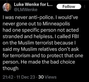 screenshot of a december 2023 Luke Wenke x/twitter post denying that he hates the police