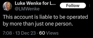 screenshot of a december 2023 luke wenke x/twitter post falsely claiming his account is hacked