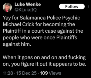 screenshot of an x/twitter post by luke wenke obsessing over salamanca ny planning board member Michael Crick december 2025