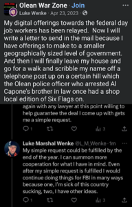 screenshot of a luke wenke 2023 facebook post reflecting his letter writing obsession