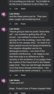 screenshot of an august 2023 luke wenke facebook post threatening false reviews against his stalking victims law firm