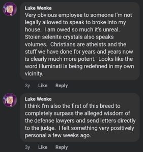screenshot of an august 2023 luke wenke facebook post falsely accusing his stalking victim of home burglary