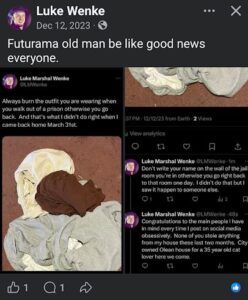 screenshot of a december 2023 luke wenke x/twitter post of his dirty clothes after prison