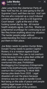 screenshot of a december 2023 facebook post by luke wenke denying mentall illness and mocking the court